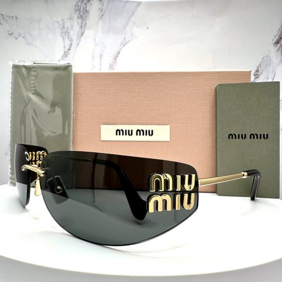 New MIU MIU Sunglasses Gold Dark Gray Lens Runway Wrap Rimless Authentic Miu Miu